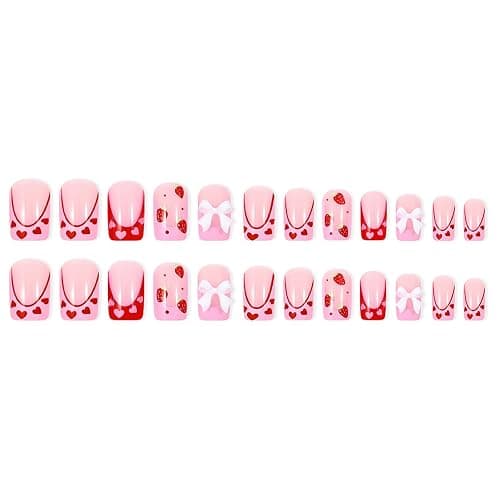 24Pcs Strawberry French Tips Press on Nails Medium Square with Bow-knot Rhinestones Design Strawberry Acrylic Coffin Reusable Fake Nails for Women Girls Fingernails Decoration thumbnail 3