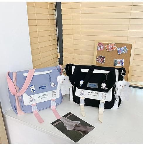 PRLINJSK Cute Messenger Bag for Teen Girls Women, Kawaii Crossbody Shoulder Purse with Pins and Stuffed Pendant Gift thumbnail 7