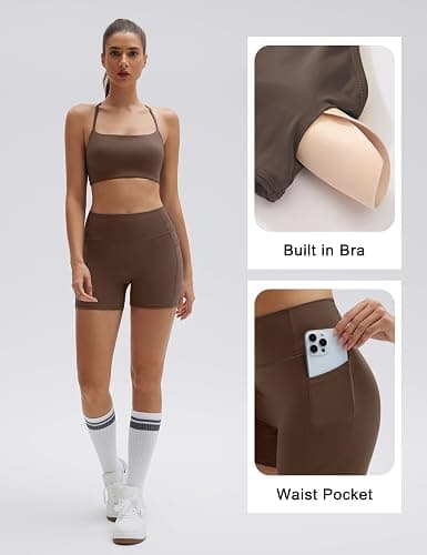 SUUKSESS Women 2 Piece Workout Sets Padded Halter Sports Bras High Waisted Biker Shorts with Pockets thumbnail 3