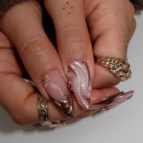 French Tips Press on Nails Medium Almond Nails Press on with 5D Flower Charm Design Glossy Brown Glue on Nails Water Ripple Rhinestones Fake Nail Reusable Fall Winter Nail for Women Manicure 24Pcs thumbnail 3
