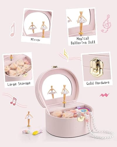 Vlando Musical Jewelry Box for Girls - Birthday for Girls Ages 4 5 6 7 8-12 Year Old - Kid Music Box with Ballerina for Birthday Bedroom Decor - Light Pink thumbnail 6