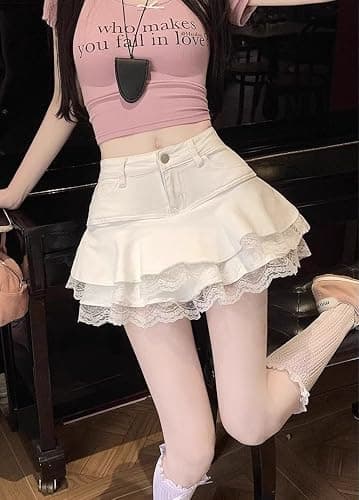 Y2K High Waist Denim Mini Skirt for Women - Layered A-Line Skater Skirt with Lace Trim, Casual Streetwear thumbnail 5