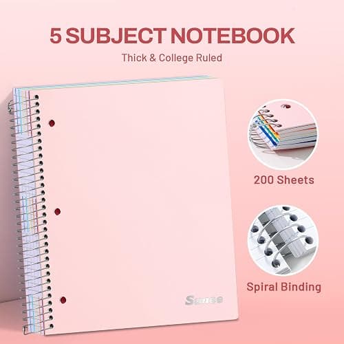 SUNEE 5 Subject Notebook College Ruled - 400 Pages, 9"x11", 5 Pocket Colored Dividers, 3-Hole Punched Paper, Pink thumbnail 3