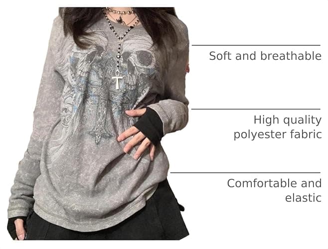 Women Vintage Fairy Grunge Y2K Long Sleeve Shirt Skull Graphic Printed Gothic Tee Tops Aesthetic Harajuku Tops thumbnail 4