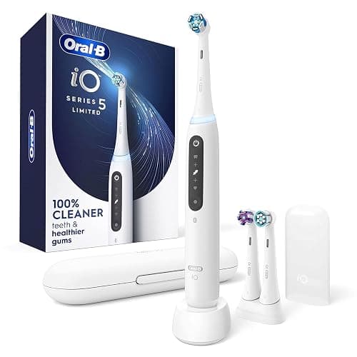 Oral-B iO Deep Clean + Whiten Rechargeable Electric Toothbrush with Visible Pressure Sensor, 2 Minute Timer, 5 Cleaning Settings, 1 iO5 Limited, 3 Toothbrush Heads, Travel Case & Refill Holder, White - Image 1