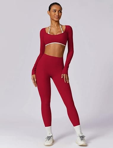 Workout Sets for Women 2 Piece Outfits Seamless High Waist Leggings Yoga Long Sleeve Crop Tops Athletic Gym Sets thumbnail 4
