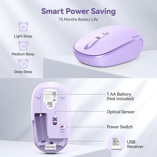 TECKNET Wireless Mouse, 2.4G Quiet Computer Mouse with USB Receiver, 4 Buttons Portable Cordless Mice for Chromebook, Laptop, PC, Mac, 800/1200/1600 DPI - Purple thumbnail 6