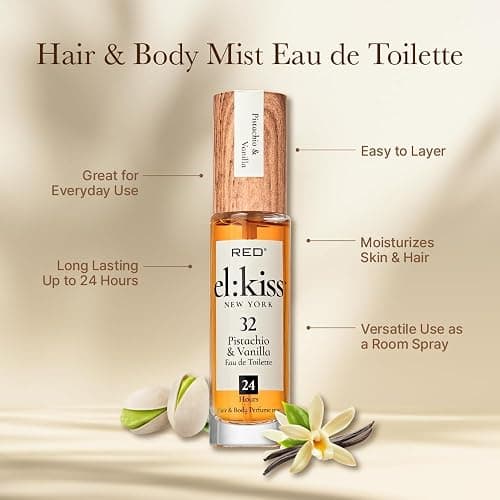 EL:KISS Hair Perfume & Body Mist, Pistachio & Vanilla Inspired by SDJ 62, Eau de Toilette 30mL (1.01 Fl Oz), Hydrating & Long-Lasting, Alcohol & Mineral Oil-Free, Jojoba/Argan Oil & Aloe Vera thumbnail 2