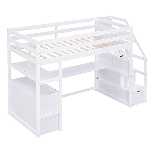 Harper & Bright Designs Twin Size Loft Bed with Desk Staircase and Storage Drawers, Solid Wood Loft Bed Frame with Shelves for Kids Adults Teens, White thumbnail 8