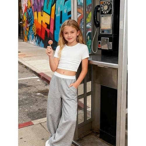 Voxikodex 7-14 Years Girls Sizes 2 Piece Casual Set Ruched Short Sleeve Fitted Waist-Cinched Top & Wide Leg Pants thumbnail 2