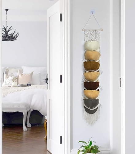 Clysuply Boho Baseball Cap Hanger-1 Pack-Macrame Hat Organizer for Ball Caps Holder Over Door, Hat Rack for Wall, Cap Rack for Decoration and Display, Boho Handmade Cap Display 7 caps （cream thumbnail 4