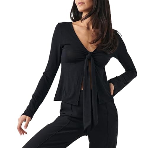 Owegvia Women Long Sleeve V Neck Solid Color Trendy T-Shirt Tie Up Bow Basic Shirt Blouses for Streetwear Aesthetic Clothes - Image 1
