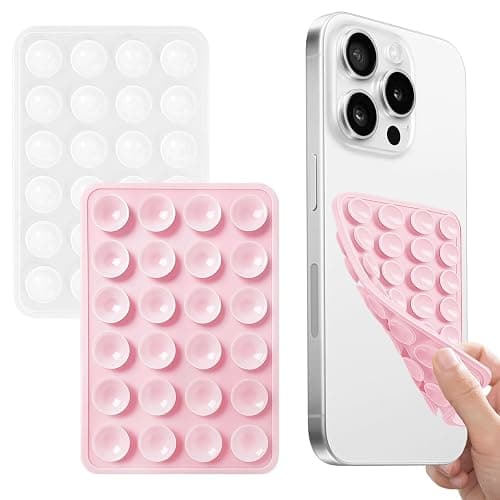 2PCS Silicone Double-Sided Suction Phone Case Mount,Strong Grip Holder Phone Accessories for Smartphones,Hands-Free Mirror Shower Phone Stand for Selfies (Transparent & Pink) - Image 1
