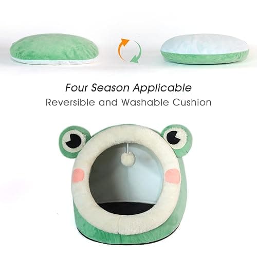 Jiupety Cute Cat Bed, Indoor Lovely Velvet Igloo for Cat and Small Dog, Warm Cave Sleeping Nest Bed for Puppy and Kitten, Green Frog, M thumbnail 3