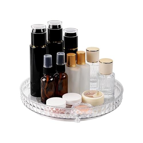 Runivor 360 Clear Rotating Makeup Organize for Vanity,1 Tier Lazy Susan with Diamond Pattern, Large-Capacity Skincare Organizers Cosmetic Display Case Organizer for Dresser (Clear White, 1Tier) - Image 1