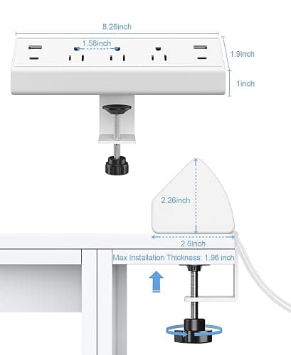 Jgstkcity Desk Clamp Power Strip,40W Total Fast Charging Station,2 PD 20W USB C Ports,Desk Edge Mount Surge Protector for Home, Office,3 Outlets,Fit 1.96" Tabletop Edge,ETL Listed,White thumbnail 6