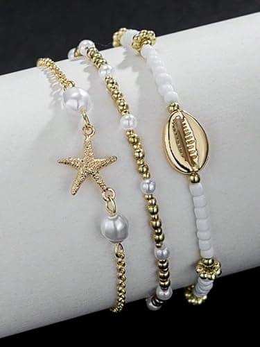 MakeMeChic Women's 3 Pack Metal Starfish Anklet Bracelet Beaded Adjustable Boho Foot Jewelry thumbnail 4