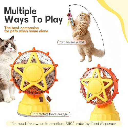 2-in-1 Interactive Cat Toy, Rotating Treat Dispenser with Strong Suction Cup & Teaser Wand, Adjustable Slow Feeder Puzzle Toy for Cats, Boredom Relief & Mental Stimulation Fits Kibble ,Treats (Yellow) thumbnail 5