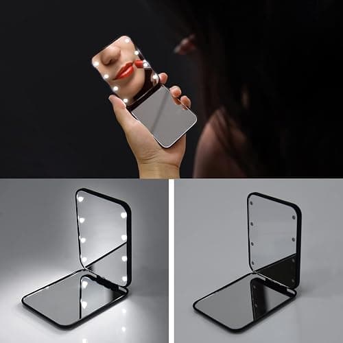 Kintion Pocket Mirror, 1X/3X Magnification LED Compact Travel Makeup Mirror with Light for Purse, 2-Sided, Portable, Folding, Handheld, Small Lighted Mirror for Gift, Black thumbnail 2