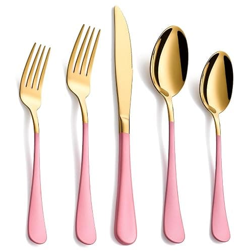 Moxinox 20-Piece Gold Silverware Set, 18/0 Stainless Steel Pink Handle Flatware Set, Service for 4, Modern Cutlery Set Includes Dinner Knives Forks Spoons, Mirror Polished, Dishwasher Safe - Image 1