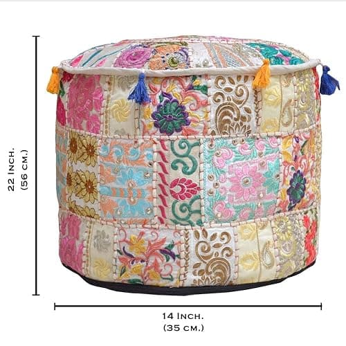 Aakriti Gallery Indian Pouf Footstool Ethnic Embroidered Pouf Cover - Cotton Round Pouffe Ottoman - Beige, 22x14 thumbnail 3