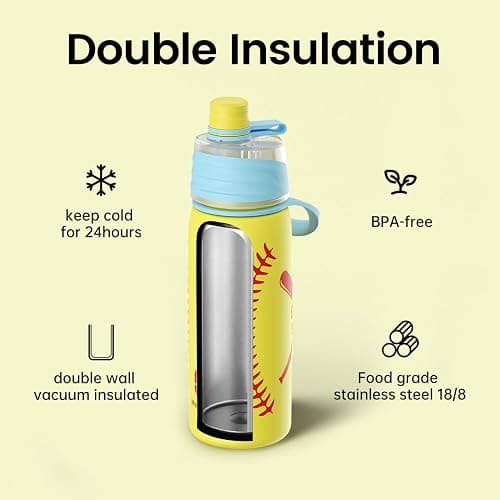 Magcheer Softball Water Bottle - 20oz Insulated Misting Water Bottles Stainless Steel 3D Textured - Softball Accessories Gift for Kids thumbnail 3
