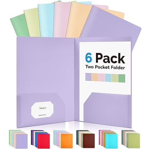 Sooez 6Pack Folders with Pockets, Pastel Colors, Heavy Duty Pocket Folders, Plastic Folders with Pockets, 2 Pocket Folders Bulk, File Folders, School Folders Business Folder Office Filing Supplies - Pastel Colors
