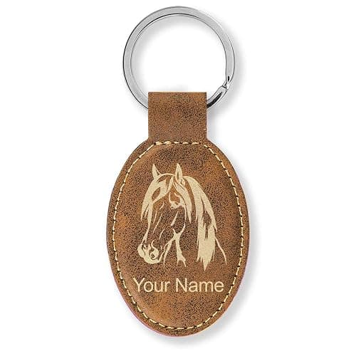 LaserGram Oval Keychain, Horse Head 1, Personalized Engraving Included (Rustic with Gold) - Image 1
