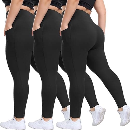HLTPRO 3 Pack Plus Size Leggings with Pockets for Women - Black High Waisted Tummy Control Soft Yoga Pants for Gym Workout - Image 1