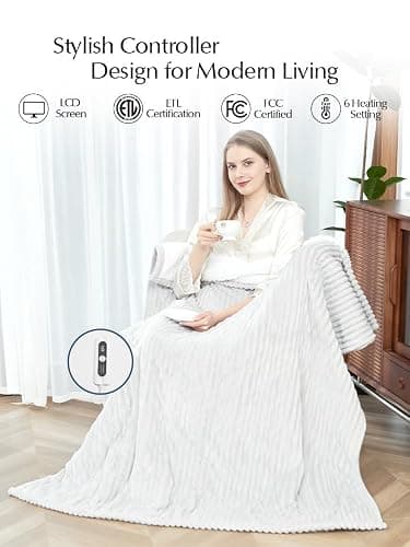 SNUGSUN Heated Blanket Throw Size, Soft and Cozy Electric Heating Blanket for Bed, Automatic Safety System 6 Heating Levels & 4 Hours Auto-Off, 50" x 60" Light Grey thumbnail 6