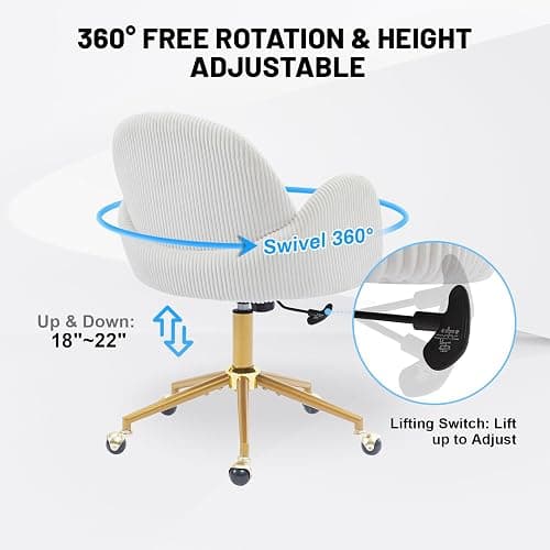 Home Office Chair with Petal Backrest, Corduroy Upholstered Desk Chair with Adjustable Swivel Wheels, Ergonomic Chairs for Living Room, Bedroom, Office, Study, Flower Cute Girls Vanity Chair(Beige) thumbnail 4