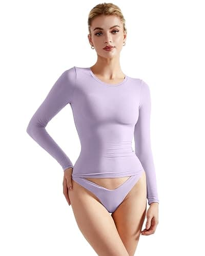 SUUKSESS Women Double Lined Fitted Basic T Shirts Crew Neck Long Sleeve Crop Top - Image 1