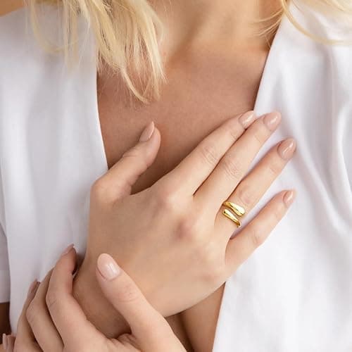 Poxtex Non Tarnish Gold Chunky Rings for Women, Gold Statement Dome Rings Stacking Silver, Adjustable Mens Eternity Wedding Band Mixed Metal Jewelry Size 3-13 thumbnail 2