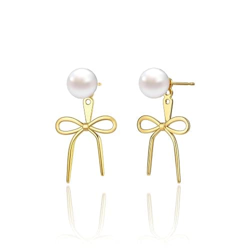 Risamil 14K Gold Plated/Silver Earrings for Women Trendy, Dainty Bow Earrings for Women Cute Pearl Huggie Earring Hoops Twist Rope Bow Stud Pearl Dangle Cubic Zirconia Earrings Jewelry Gifts thumbnail 9