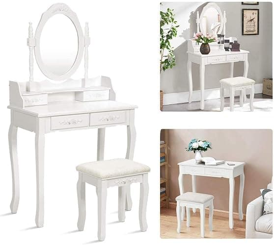 Alohappy Makeup Vanity Set with Mirror & Stool for Girls, Vanity Table and Cushioned Stool Set with 4 Drawers, Wood Dressing Table for Bedroom thumbnail 4