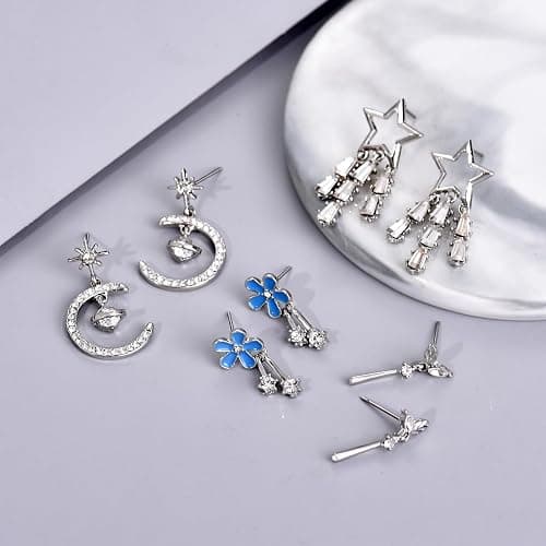 16 Pairs Silver Dangle Earrings For Women,Trendy Diamond Stud Earrings For Women, Hypoallergenic Earrings Dangling for Teen Girls thumbnail 7