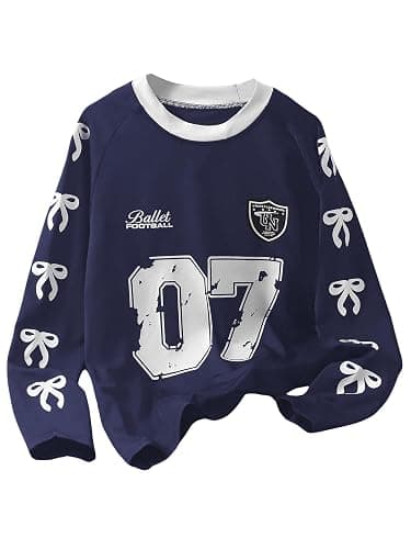RoseSeek Girl's Jersey Bowknot Graphic Number Print Tees Long Sleeve Crew Neck Shirts Cute Tee Tops Streetwear - Image 1