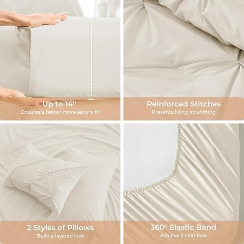 Sasttie Queen Comforter Set, 7-Piece Bed in a Bag, Pintuck Bedding Sets for All Season, Includes Comforter, Flat Sheet, Fitted Sheet, Pillowcases and Pillowshams, Beige thumbnail 5
