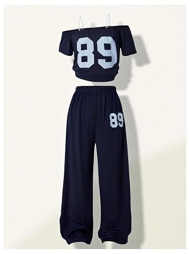 RoseSeek Girl's 2 Piece Sports Summer Outfits Graphic Off the Shoulder Jersey Shirts and Sweatpants Set thumbnail 5