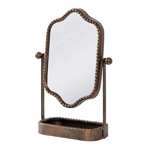 HuiDao Vintage Makeup Mirror with Tray, 360° Rotatable Antique Table Vanity Mirror with Stand, Metal Retro Desktop Dressing Mirror for Home Decor, Countertop, Bedroom, Bathroom, Living Room thumbnail 7
