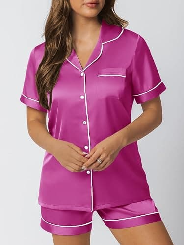 LILLUSORY Silk Satin Pajama Set for Women 2 Piece Lounge Pjs Shorts Matching Summer Sleepwear Button Down Shirt Shorts thumbnail 2