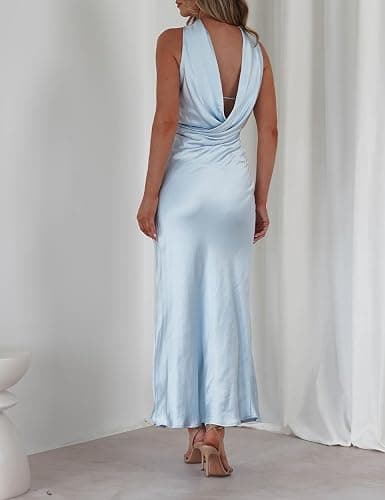 Women's Summer Satin Strapless Tube Top Maxi Dress Elegant Silk Backless Halter Neck Formal Party Dresses Wedding Guest thumbnail 6