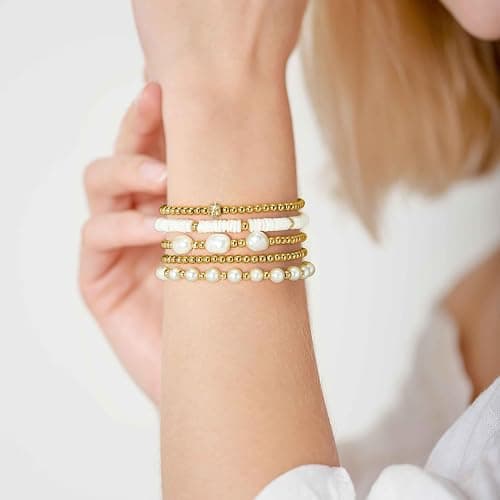 jollone Gold Bracelets for Women Gold Bracelet Stack Pearl Beaded Bracelets for Women 14K Gold Plated Stretch Bead Ball Bracelet Sets Jewelry for Mother's Day Birthday Gifts thumbnail 4