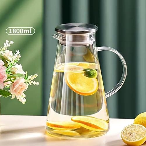 Home & Treat 1.8 Liter Glass Pitcher with Stainless Steel Lid Borosilicate Cold Hot Water Carafe Jug for Beverages Juice Iced Tea Wine Coffee Milk Dishwasher Safe thumbnail 5