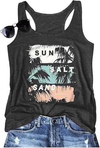 Women Vintage Beach Graphic Racerback Tank Top Summer Vacation Hawaiian Sunset Sun Sand Sleeveless Basic-Fit Shirt Cami - Image 1