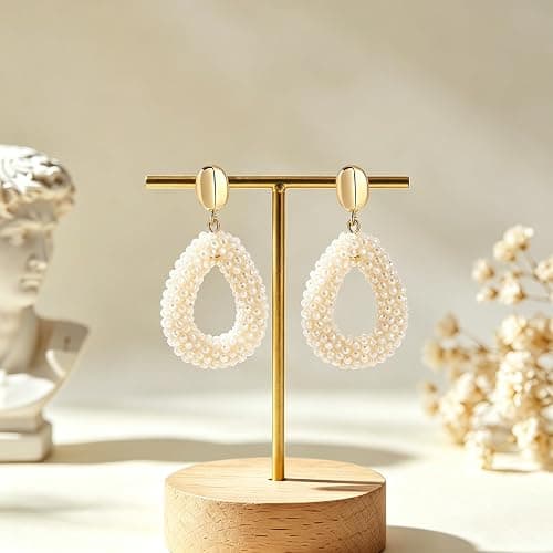 Boho Hängeohrringe für Damen, handgewebte tropfenförmige Reisperlen‑Ohrringe, leichter eleganter Modeschmuck thumbnail 7