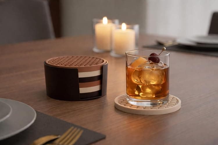 Happitasa 4.25 Inch Bar Mat Style Silicone Beverage Coasters, Set of 6 with Holder (Black) thumbnail 8