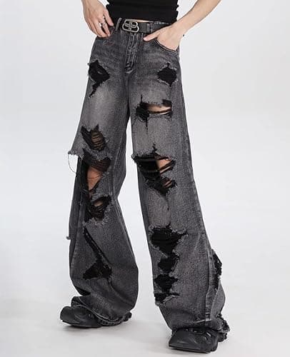 Lafaguw Baggy Jeans for Women Men Ripped Straight Leg Pants High Waisted Distressed Jeans Y2K Grunge Summer Clothes. thumbnail 2