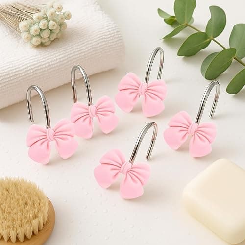 12 Pink Bow Resin Shower Curtain Hooks - Cute Bathroom Decor for Girls, Princesses and Glam Style thumbnail 5