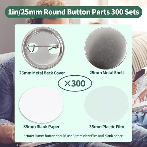 Mostme 300 Sets 1 inch Button Maker Supplies, 25mm Button Supplies Parts Badge Part, Buttons Making Supplies, Includes Metal Pin Back Cover, Metal Shells, Blank Paper&Clear Film thumbnail 2